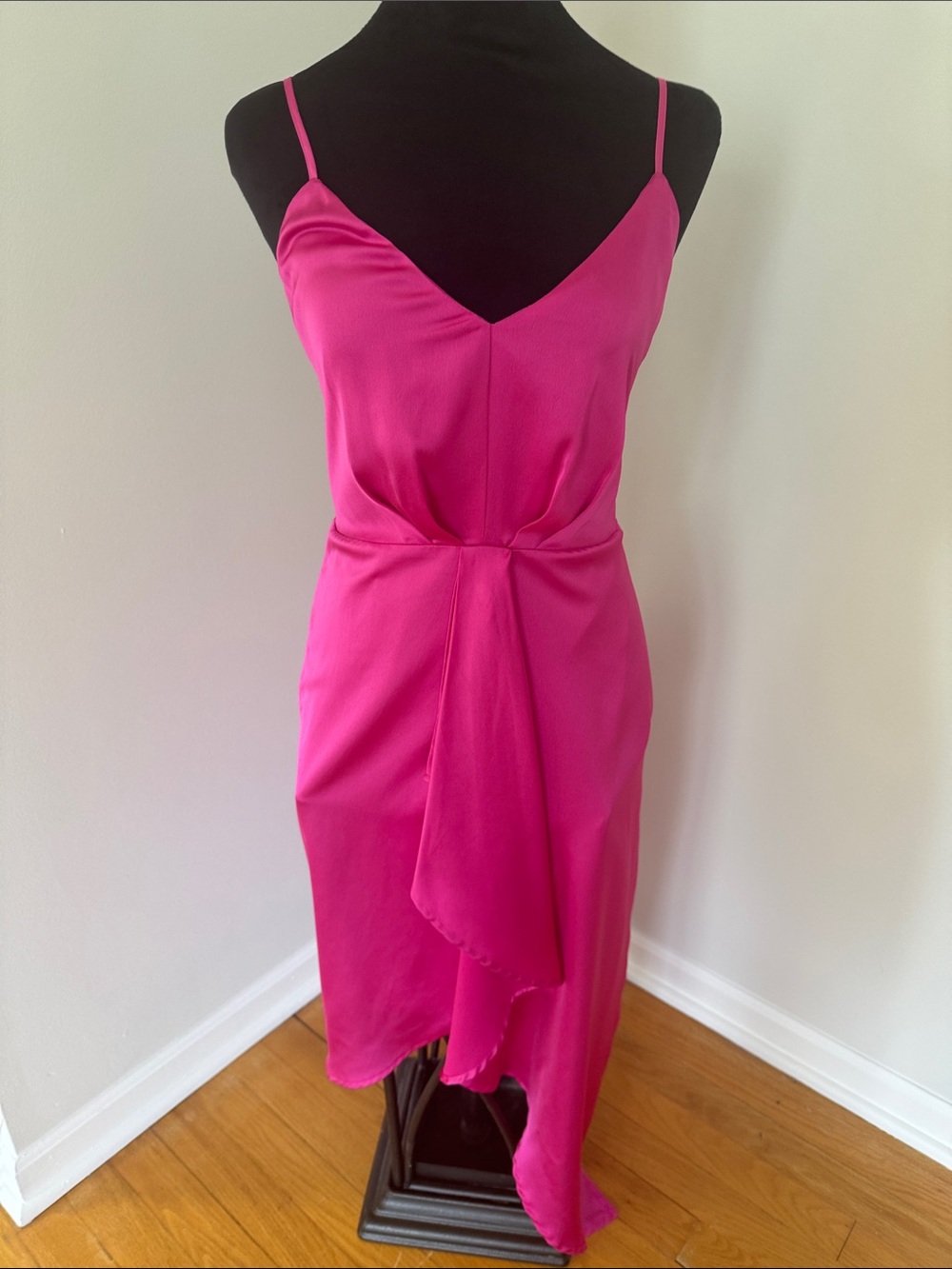Lulu's Vibrant Hot Pink Midi Slip Dress with Draped Front